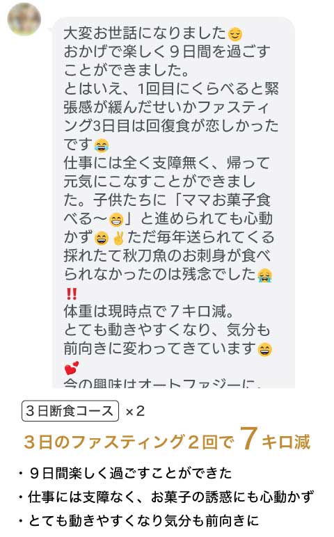 リモート ファスティングの成果 7kgのダイエットに成功